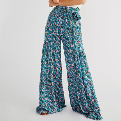 Loose Floral Strappy Casual Beach Trousers Bell Bottom Pants Wholesale