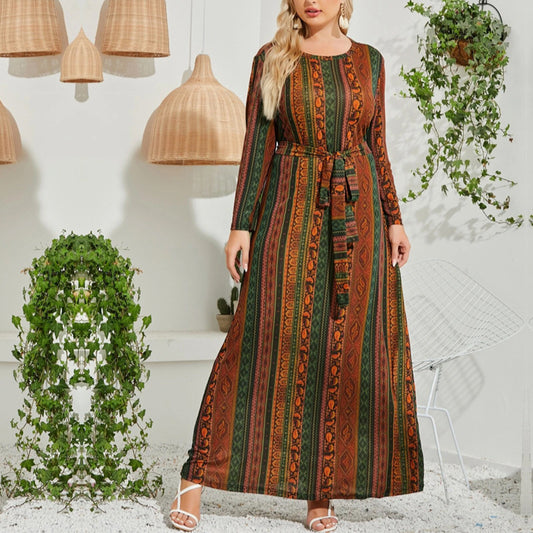 Casual Print Lace-Up Maxi Dress Loose Long Sleeve Plus Size Wholesale Dresses