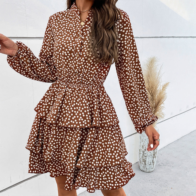 Long Sleeve Polka-Dot Print Layers Midi Dress with Ruffles Wholesale Women Clothing