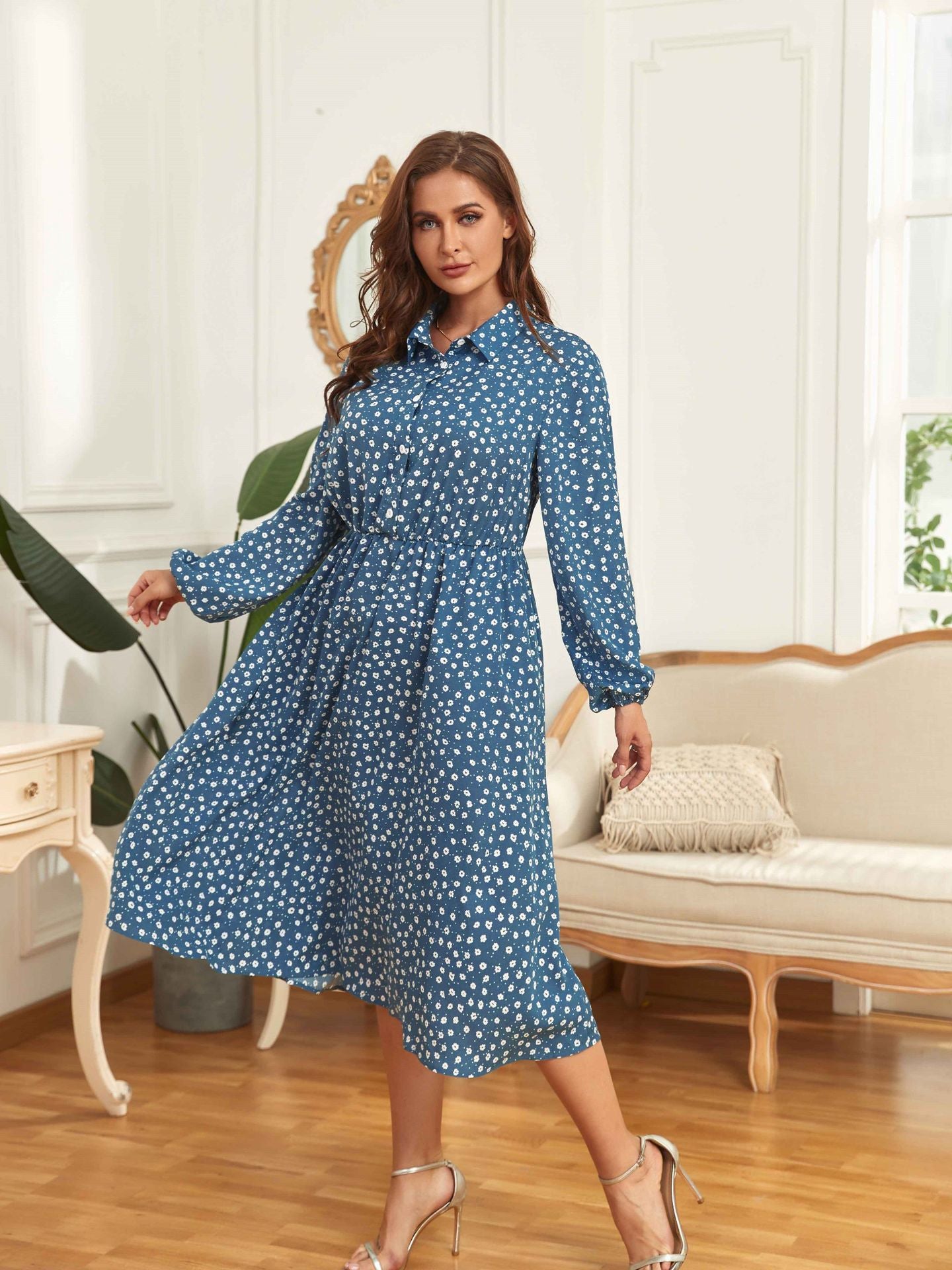 Floral Print Long Sleeve Curvy Dresses Wholesale Plus Size Clothing