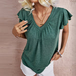 Fashion Casual Short Sleeve Solid Color Loose Tops V-Neck Womens T Shirts Wholesale