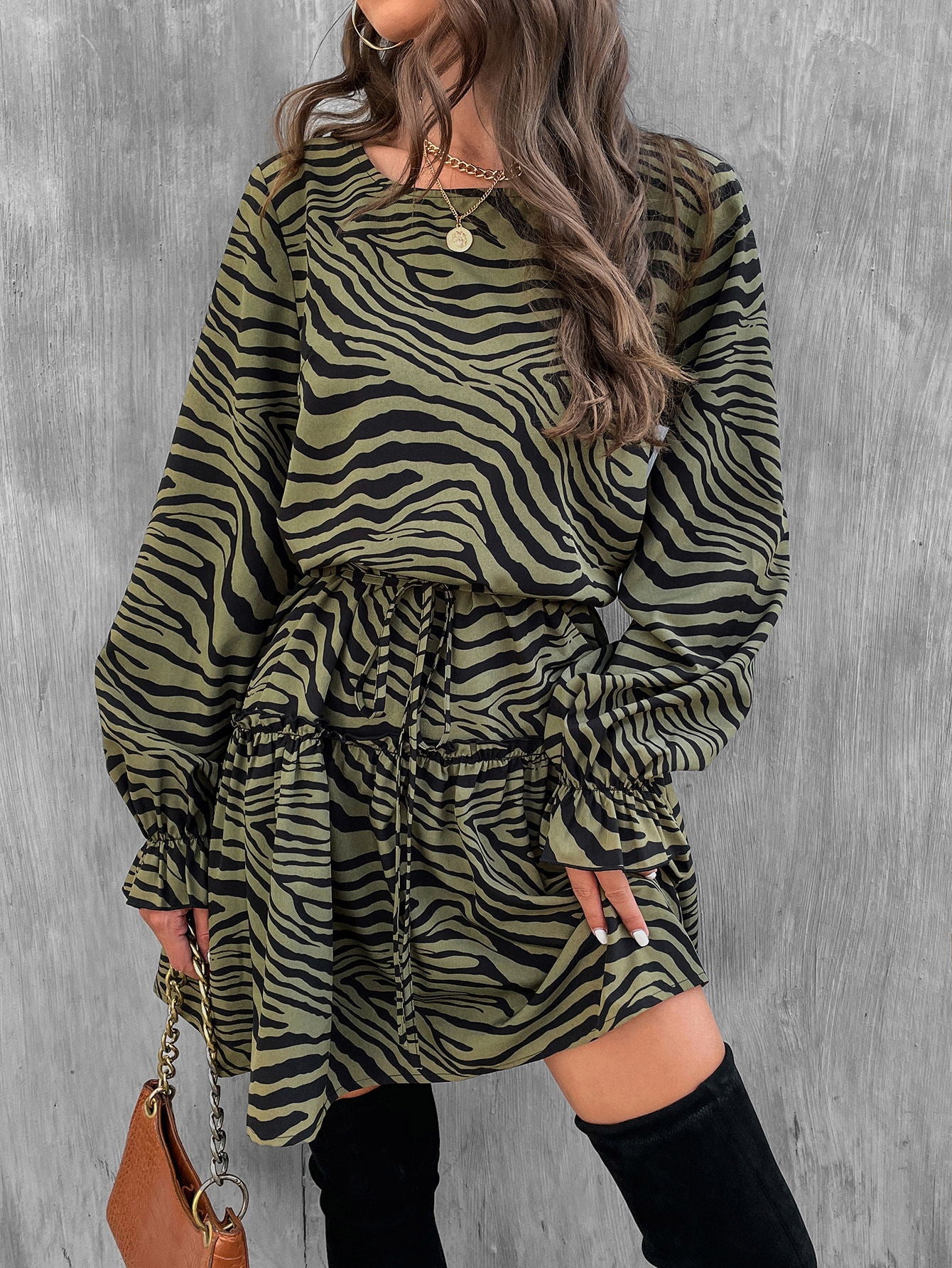 Round Neck Long Sleeve High Waist Zebra Print Ladies Mini Dress Wholesale Women Clothing