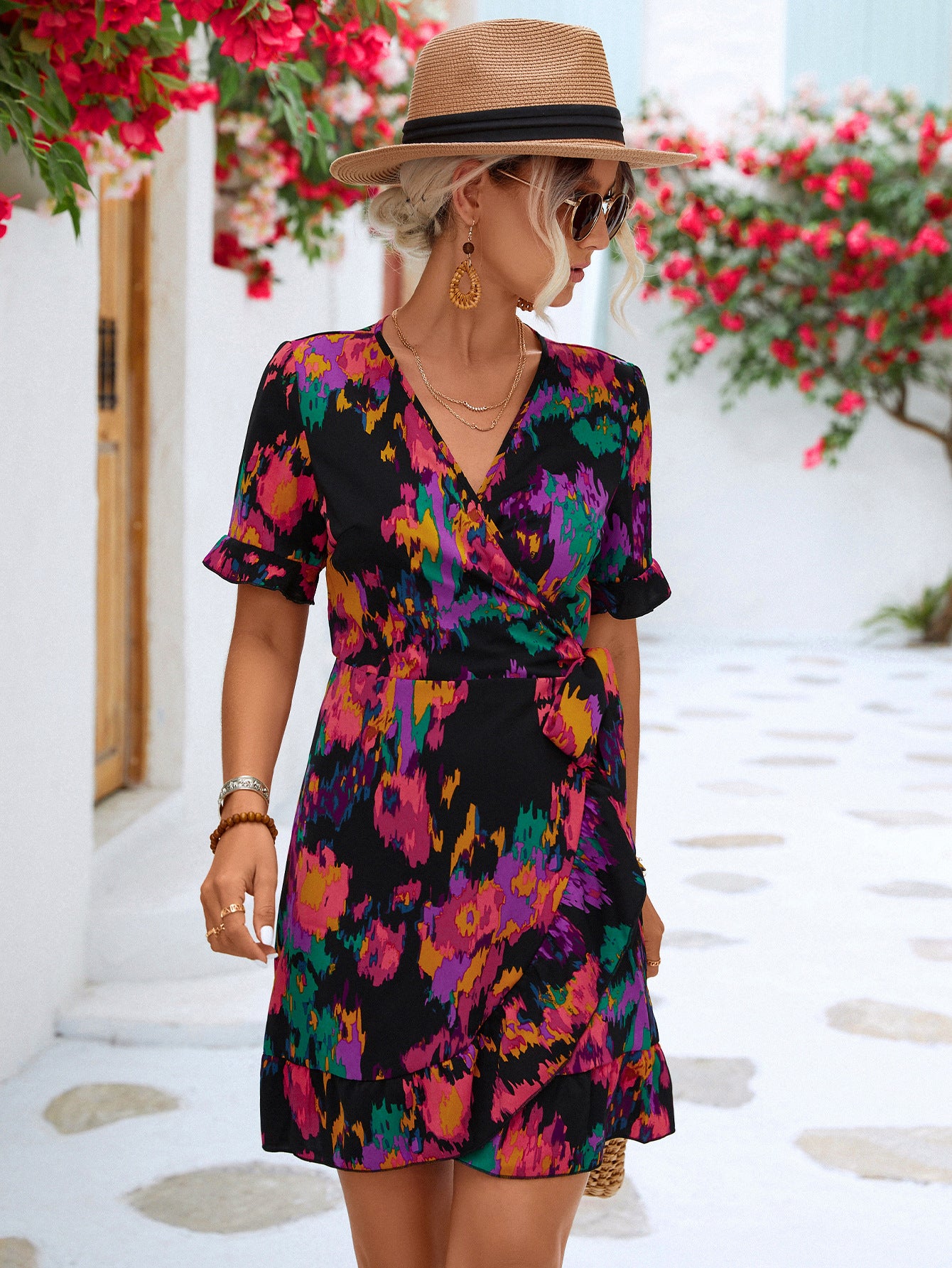 Printed Short Sleeve Nipped Waist Ruffle Wrap Dress Wholesale Dresses