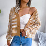Casual Single-Breasted V Neck Lantern Sleeve Collision Color  Cardigan Wholesale Sweater