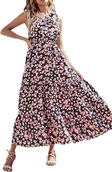 Floral Print Twist Slanted Shoulder Strapless Smocked Swing Dress Vacation Wholesale Maxi Dresses