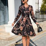 Printed Long Sleeve Mid-Length Dress Wholesale Dresses