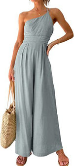 Slanted Shoulder Solid Color Pleated Wide-Leg Linen Womens Jump Suit Casual Wholesale Jumpsuits