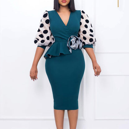 Fashion Polka Dot Mesh V-Neck Bodycon Pencil Dress Wholesale Dresses