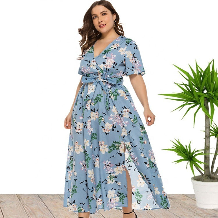 Floral Print V Neck Elegant Curve Dresses Lace Up Short Sleeve Vacation Flowy Dress Wholesale Plus Size Clothing