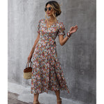 Summer Floral Print V-Neck Puff Sleeve Long Wrap Dress Wholesale Dresses