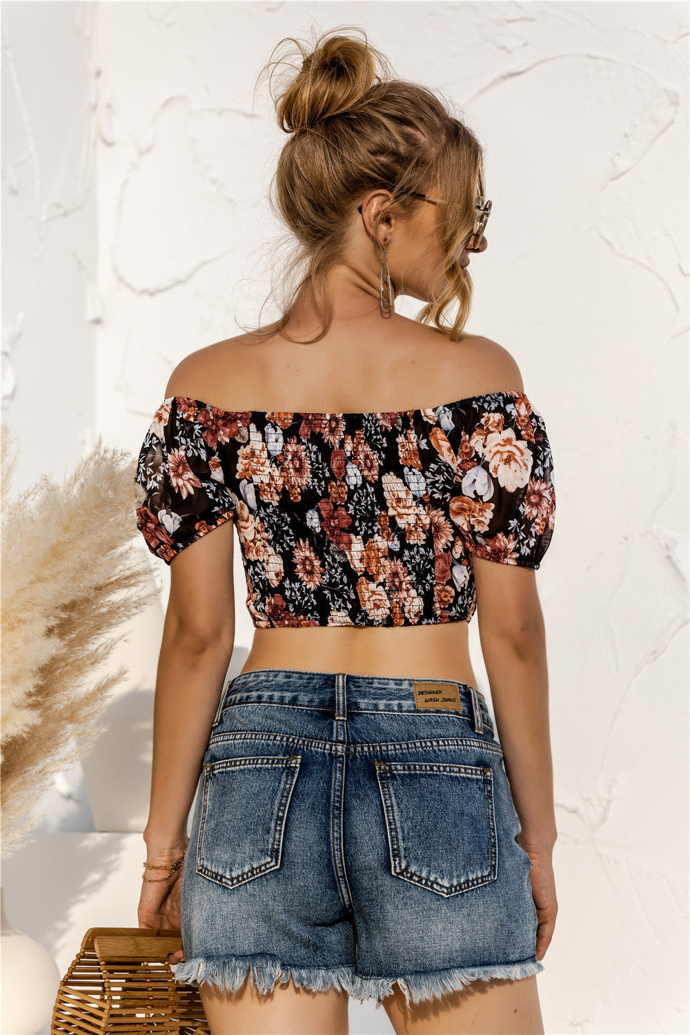 Floral Print Short-Sleeve Off Shoulder Drawstring Sexy Women'S Cropped Shirts Wholesale Crop Tops