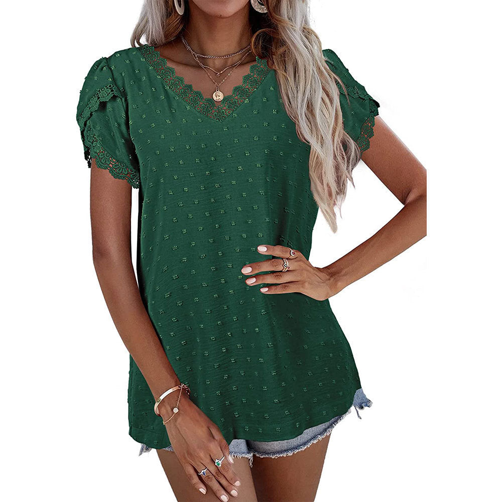 Solid Color V-Neck Petal Sleeve Jacquard Pullover Lace Flocking Women'S Tops Casual Wholesale T Shirts