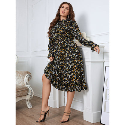 Wholesale Plus Size Women Clothing Commuter Tie Round Neck Floral Lace Long-Sleeved Midi Dress