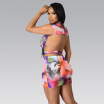 Women's Nightclub Print Mesh Bandage Hollow Wholesale Two-Piece Tops And Short Skirt