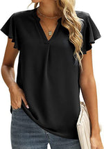 V-Neck Solid Color Frill Sleeve Casual Chiffon Women'S Tops Wholesale T Shirts ST531080