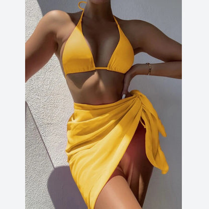 Sexy Bikini Triangle & Beach Skirt Cover Up 3pcs Sets Solid Color Womens Swimwear Wholesale