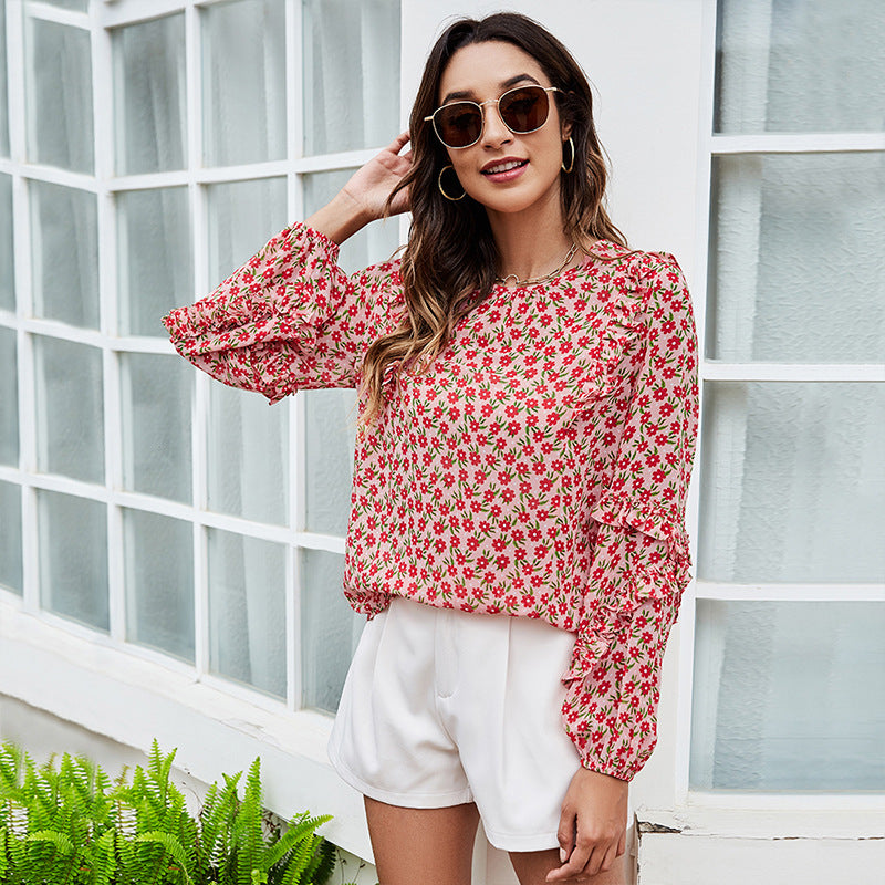 Floral Printed Women Tops Puff Sleeve Loose Agaric Laces Casual Round Neck Wholesale T-Shirts