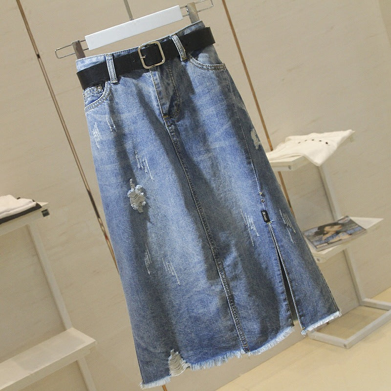 Fashion Ripped A-Line Denim Skirts High Waist Split Midi Wholesale Skirts (Without Belt)