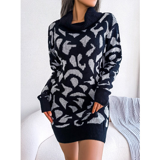 Casual Leopard Turtleneck Long Sleeves Knitted Dresses Wholesale Sweater Dress