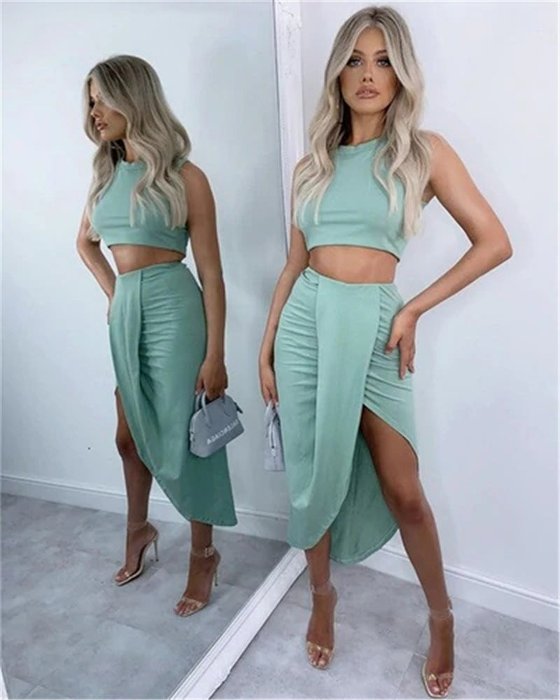 Sexy Tight Crop Tops & Slit Maxi Skirts Solid Color Wholesale Womens 2 Piece Sets