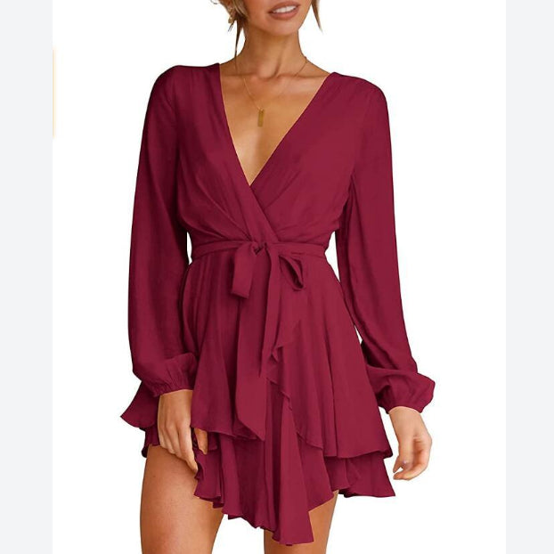 Solid Color Long Sleeve V Neck Irregular Wholesale Ruffle Dresses