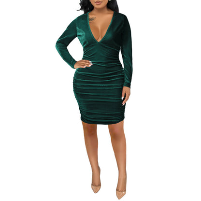 Sexy Velvet Dresses Bodycon Dress Wholesale Dresses V-Neck Solid Color Dress