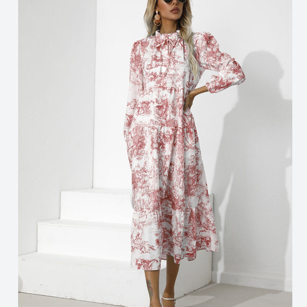 Printed Lantern Sleeve Half Collar Bowknot Loose Ruffled Midi Dress Casual Wholesale Dresses