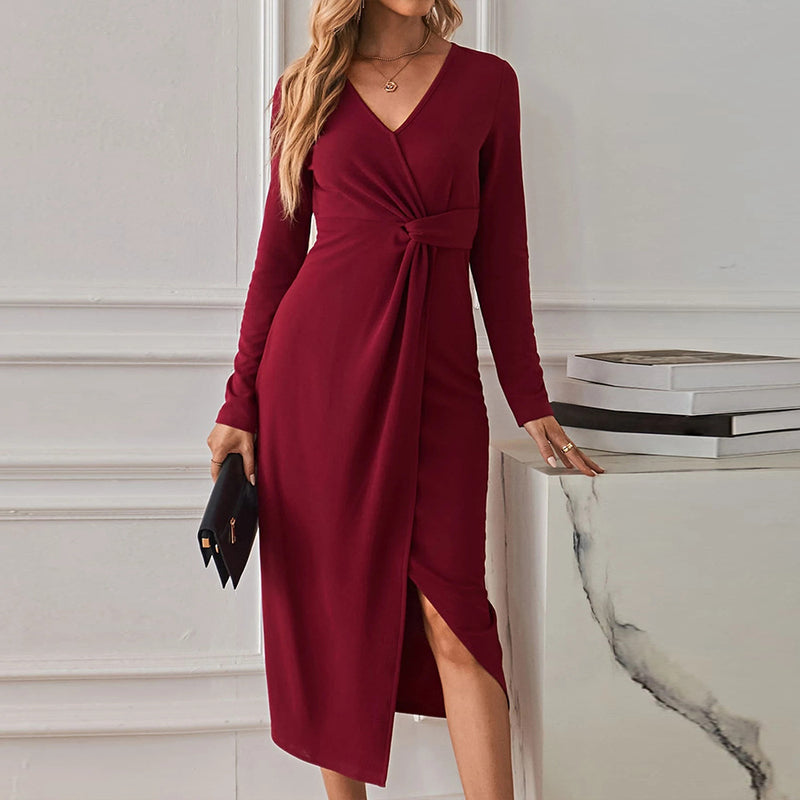 Solid Color V-Neck Slit Long-Sleeve Slim Ruched Wrap Dress Wholesale Dresses
