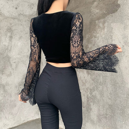 Dark Gothic Trumpet Sleeve V-Neck Lace Stitching Crop Tops Wholesale Women'S Tops