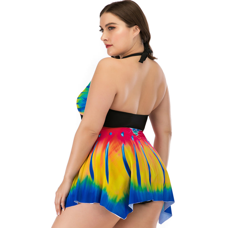Fashion Printed Halterneck Split Curve Swimwear Sets Wholesale Plus Size Tankini Swimsuits Vendors