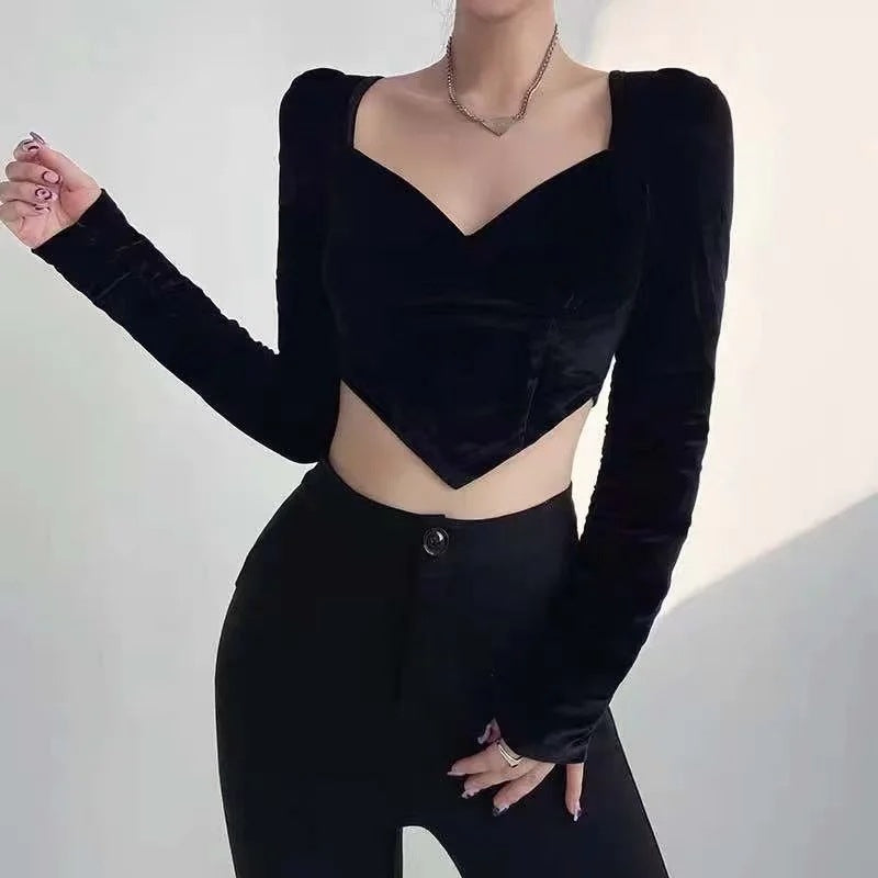 Square Neckline Low Cut Long Sleeves Triangular Hem Slim Fit Crop Top Wholesale Women Top