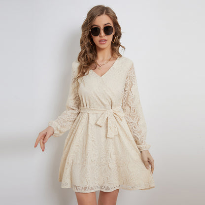 Lace Crochet Long Sleeve V Neck Tie Waist Wholesale Swing Dresses