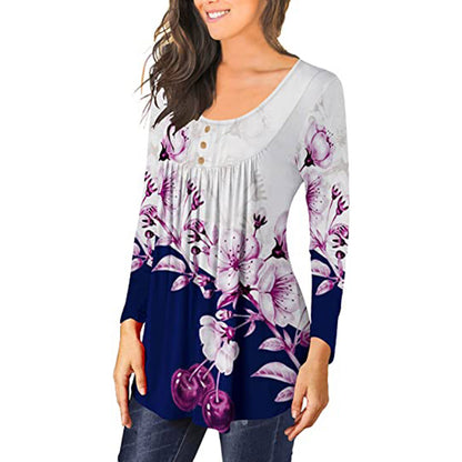 Round Neck Pleated Casual Wholesale Blouse Printed Ruffle Long Sleeve