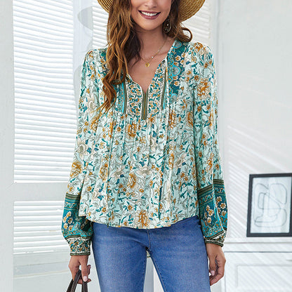 Printed Loose Lantern Long Sleeve Casual Bohemian Shirts Wholesale Womens Tops