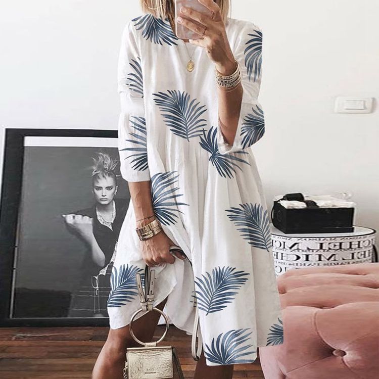 Fashion Print Cotton & Linen Round Neck Seven-Quarter Sleeves Loose Dress Casual Wholesale Dresses SD531710