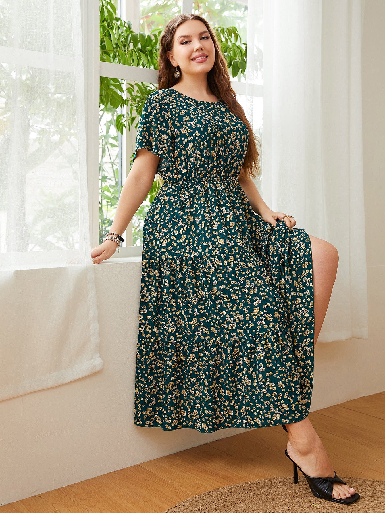 Round Neck Plus Size Printed Wholesale Dresses