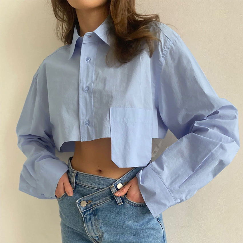 Fashion Casual Design Long Sleeve Blouse Asymmetrical Stitching Short Shirt Wholesale Women Clothing