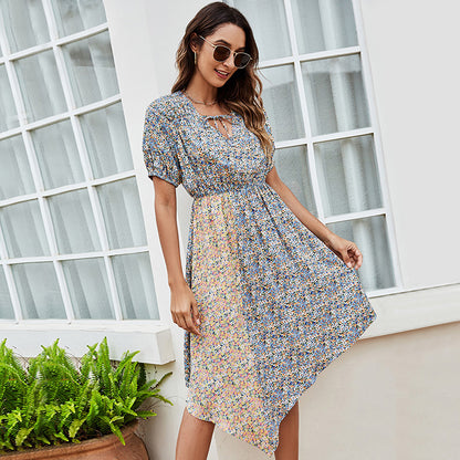 Short Sleeve Elastic Waist V Neck Wholesale Floral Dresses Asymmetrical Hem Flared Dresses Summer