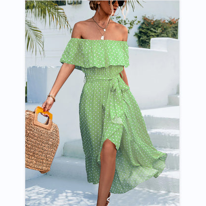 One-Shoulder Irregular Polka-Dot Ruffled Dress Wholesale Dresses