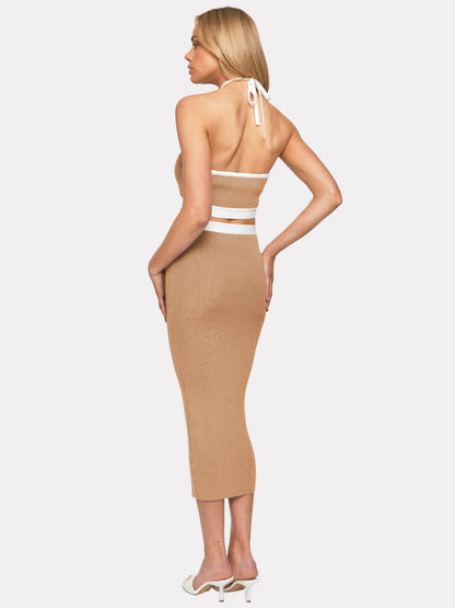 Strap Halter Neck Open Back Sexy Colorblock Bodycon Dress Wholesale Dresses