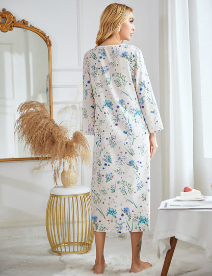 Long Sleeve Printed Casual Nightdress Women Nightgown Wholesale Loungewear