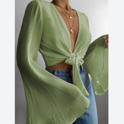 Bell Sleeve Knot Blouse Frill Detail Popular Women's Horn Sleeve Top