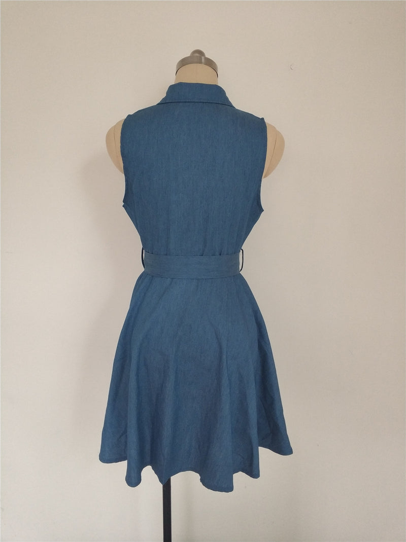 V-Neck High Waist Denim Dress Wholesale Clothing SD070123
