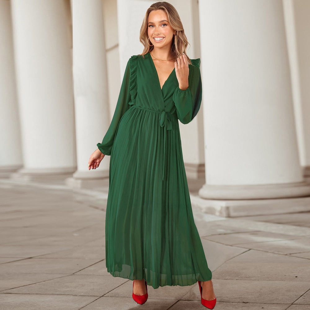 Large-Swing Pleated V-Neck Long Wholesale Dresses