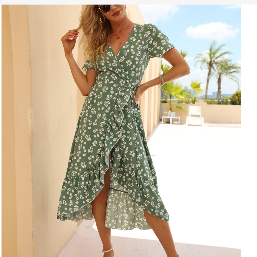 Floral Printed Chiffon V-Neck Wholesale Dresses Ruffled Beach Midi Dress Vacation