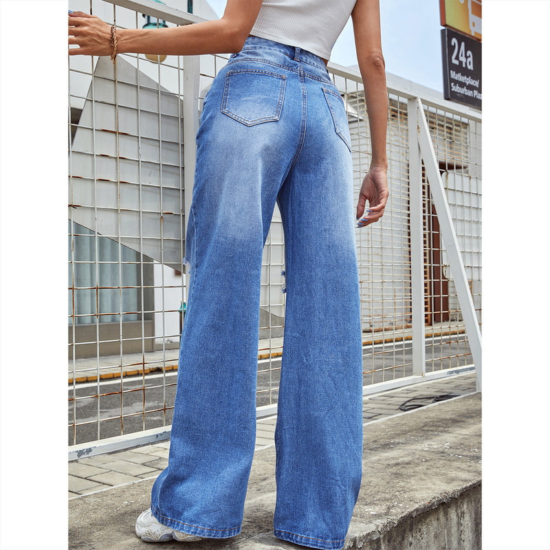 Casual Ripped Straight Pants High Waist Jeans