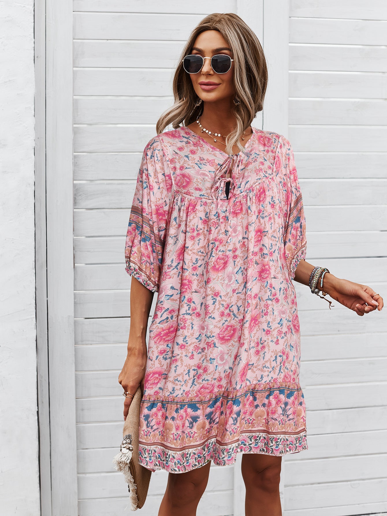 Loose Floral Printed Wholesale Dresses Short Sleeve Casual Dress