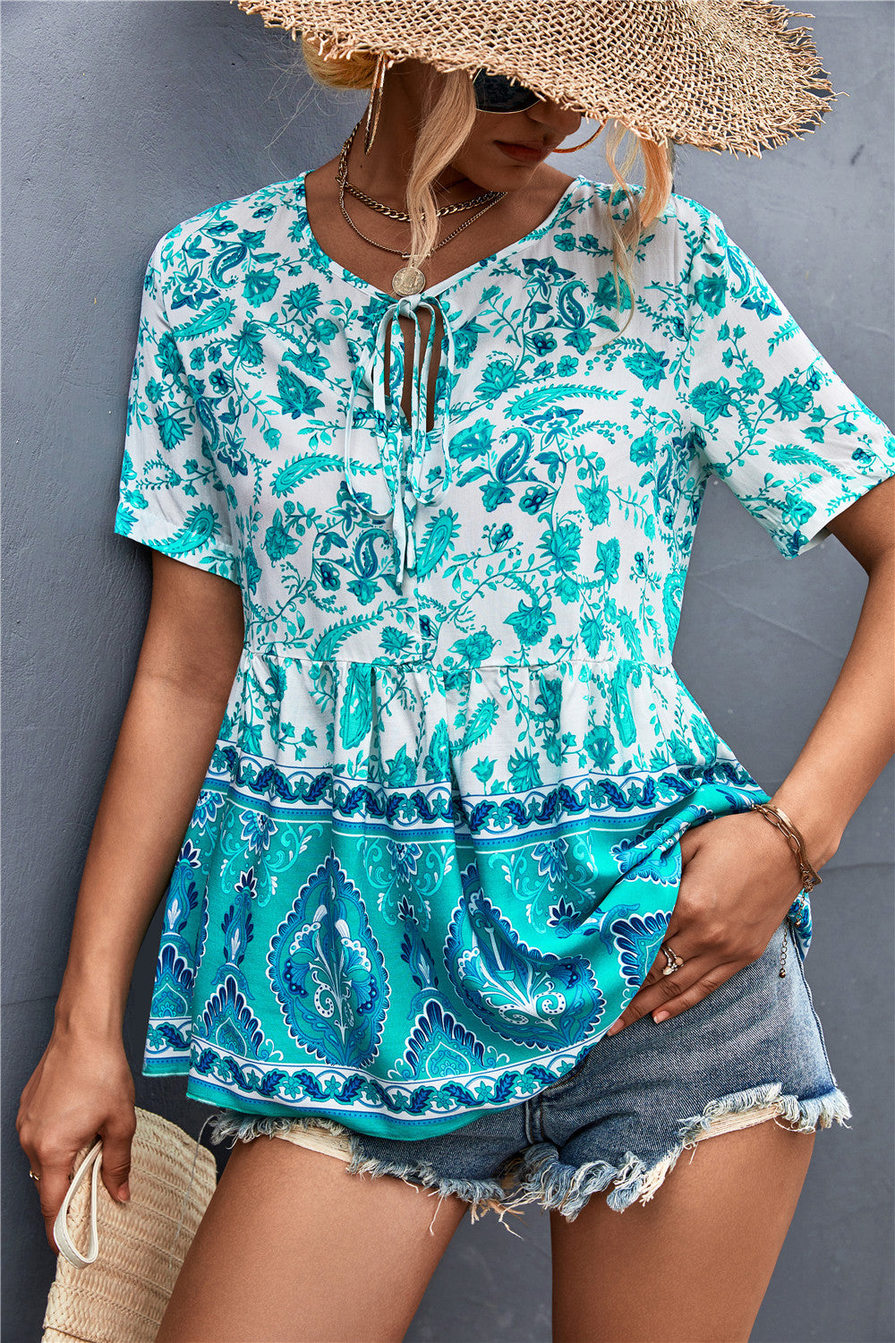 V-Neck Boho Style Print Lace-Up Bohemian Womens Tunic Tops Casual Wholesale T Shirts