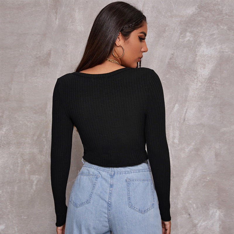 Solid Knitting Button Low Cut Crop Top