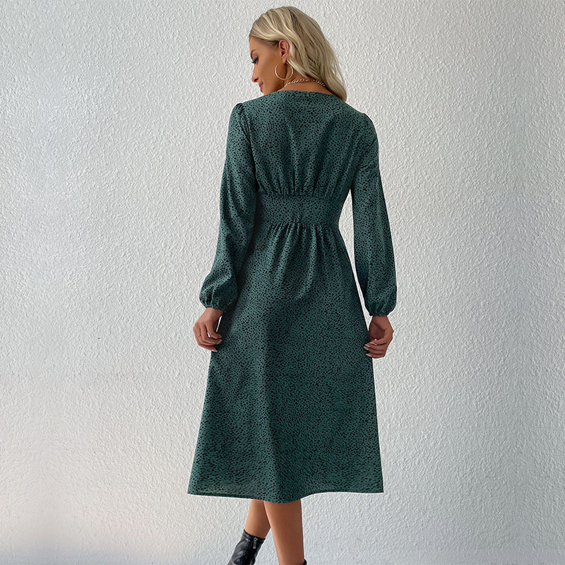 Long Sleeve Leopard Print V-Neck A-Line Dress Wholesale Dresses